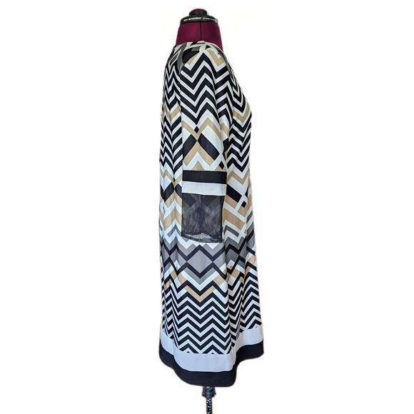 Karin Stevens Black White Tan Chevron Zig Zsg Sheath Dress Long Sleeve - Picture 5 of 13